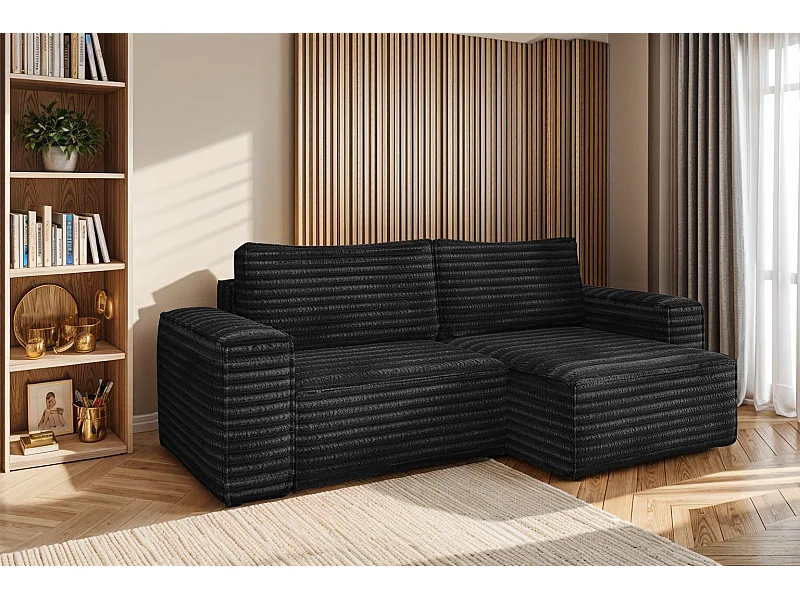 L-förmiges Bohoo-Ecksofa mit Schlaffunktion, Stoff Velo, Schwarz, Rechts