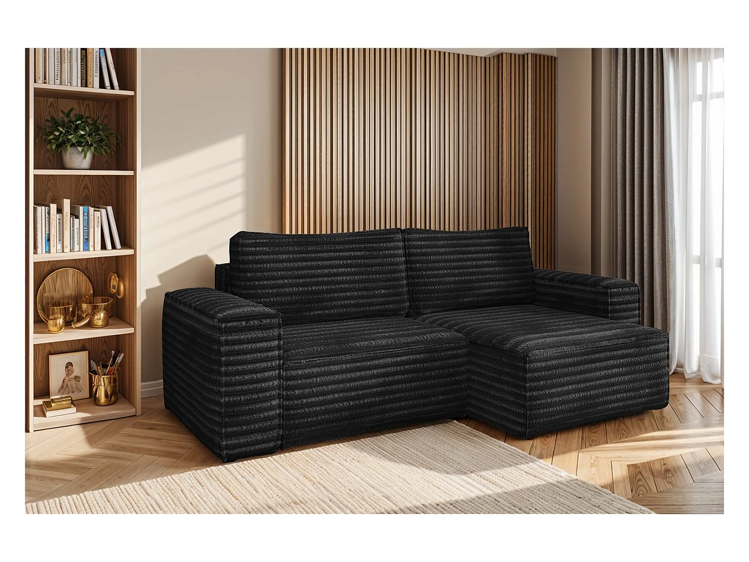 L-förmiges Bohoo-Ecksofa mit Schlaffunktion, Stoff Velo, Schwarz, Rechts