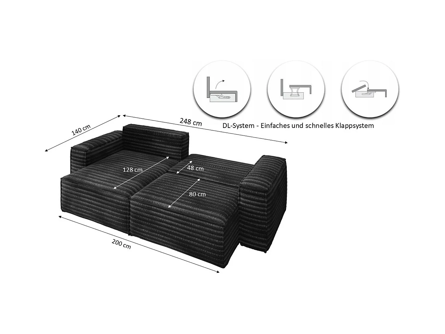 L-förmiges Bohoo-Ecksofa mit Schlaffunktion, Stoff Velo, Schwarz, Rechts