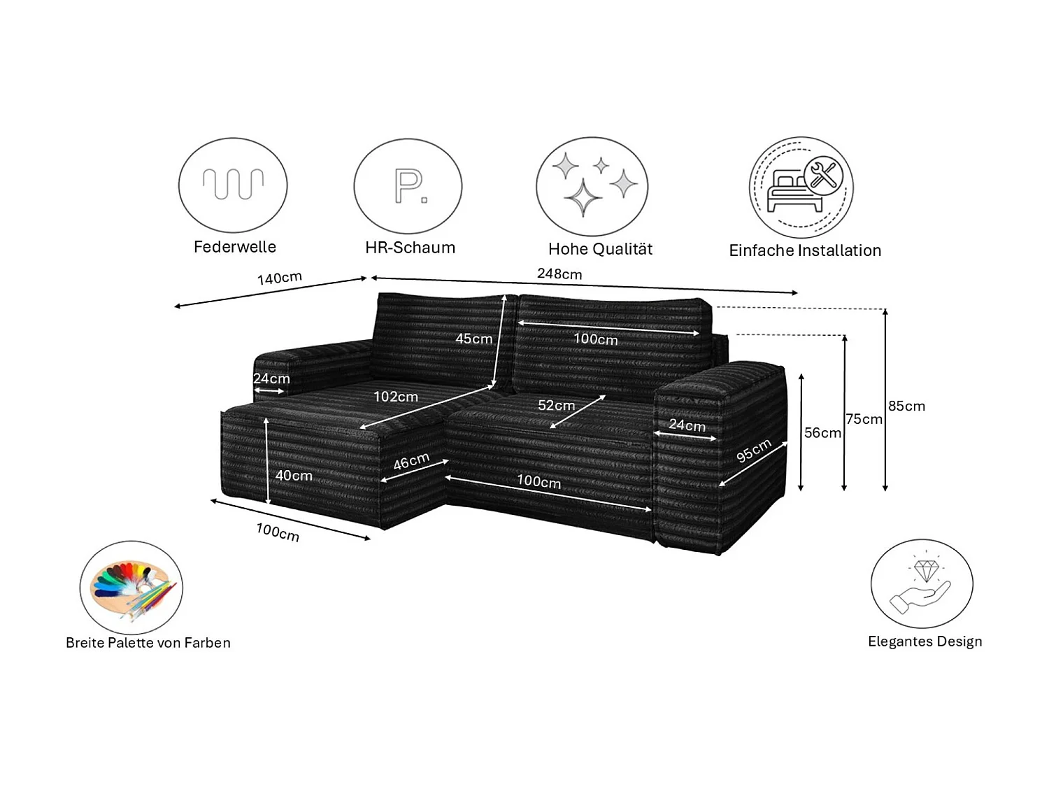 L-förmiges Bohoo-Ecksofa mit Schlaffunktion, Stoff Velo, Schwarz, Rechts