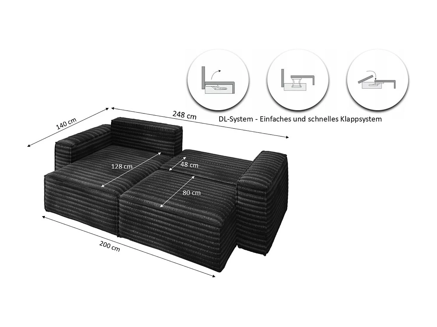 L-förmiges Bohoo-Ecksofa mit Schlaffunktion, Stoff Velo, Schwarz, Rechts
