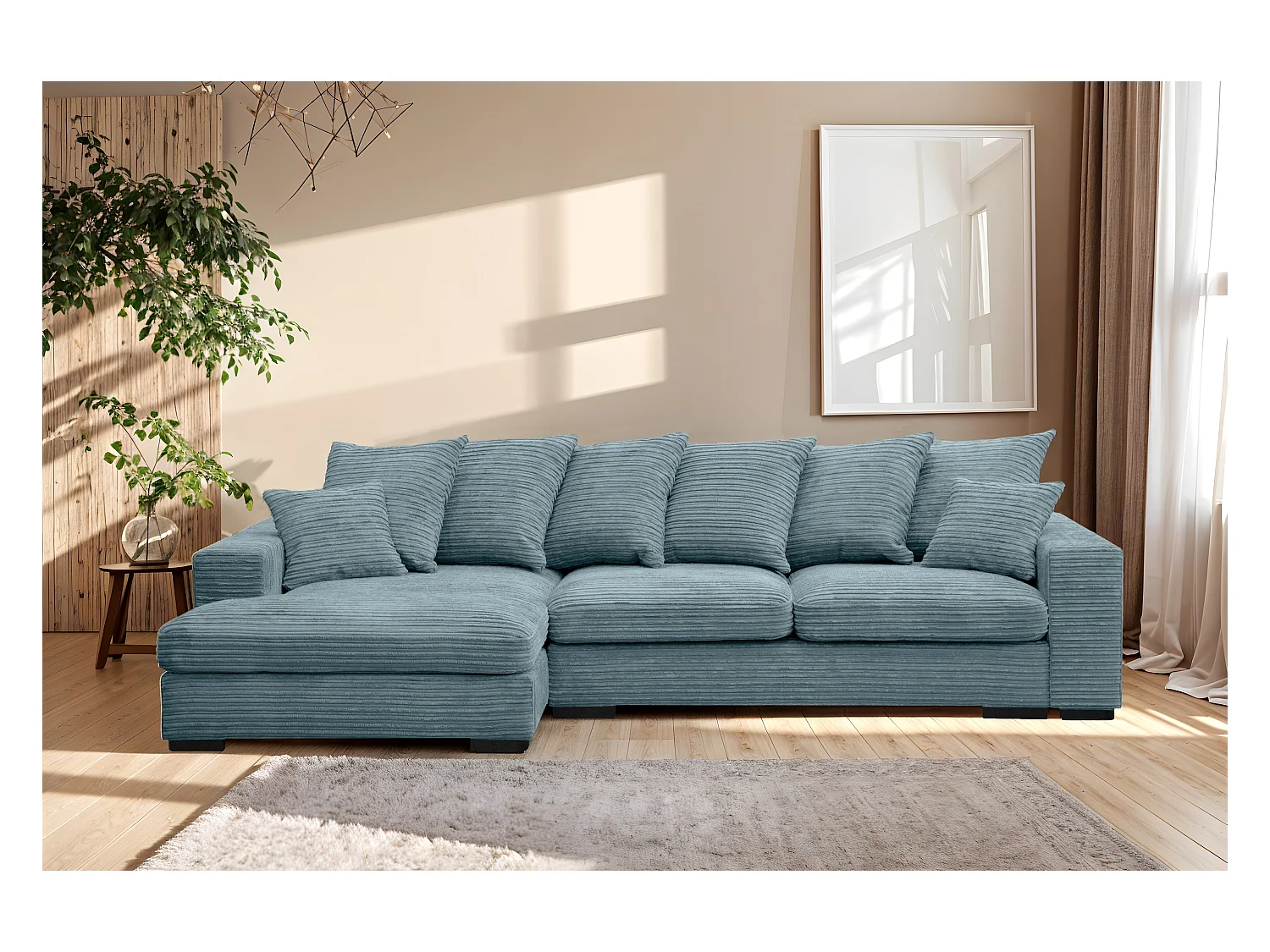 Canapé d'angle avec fonction couchage et coffre de lit, Canapé forme L, Canapé forme L tissu Gabon Zoom Bleu clair Gauche