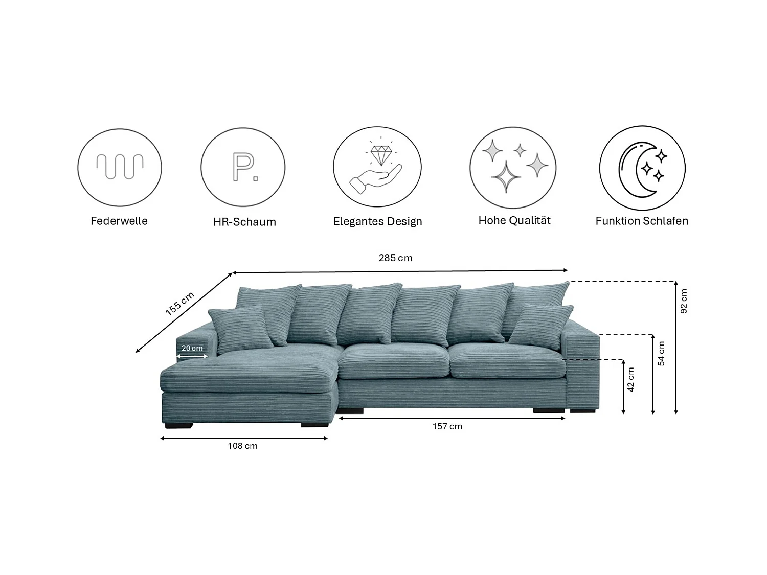 Canapé d'angle avec fonction couchage et coffre de lit, Canapé forme L, Canapé forme L tissu Gabon Zoom Bleu clair Gauche