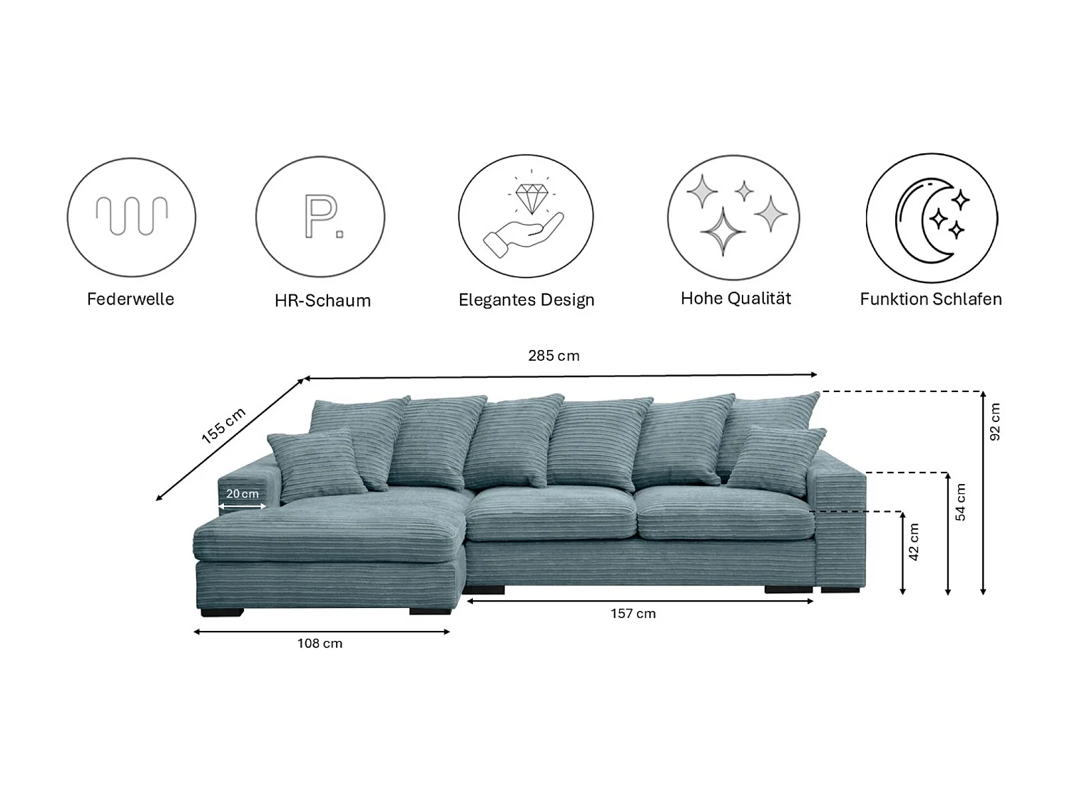 Canapé d'angle avec fonction couchage et coffre de lit, Canapé forme L, Canapé forme L tissu Gabon Zoom Bleu clair Gauche