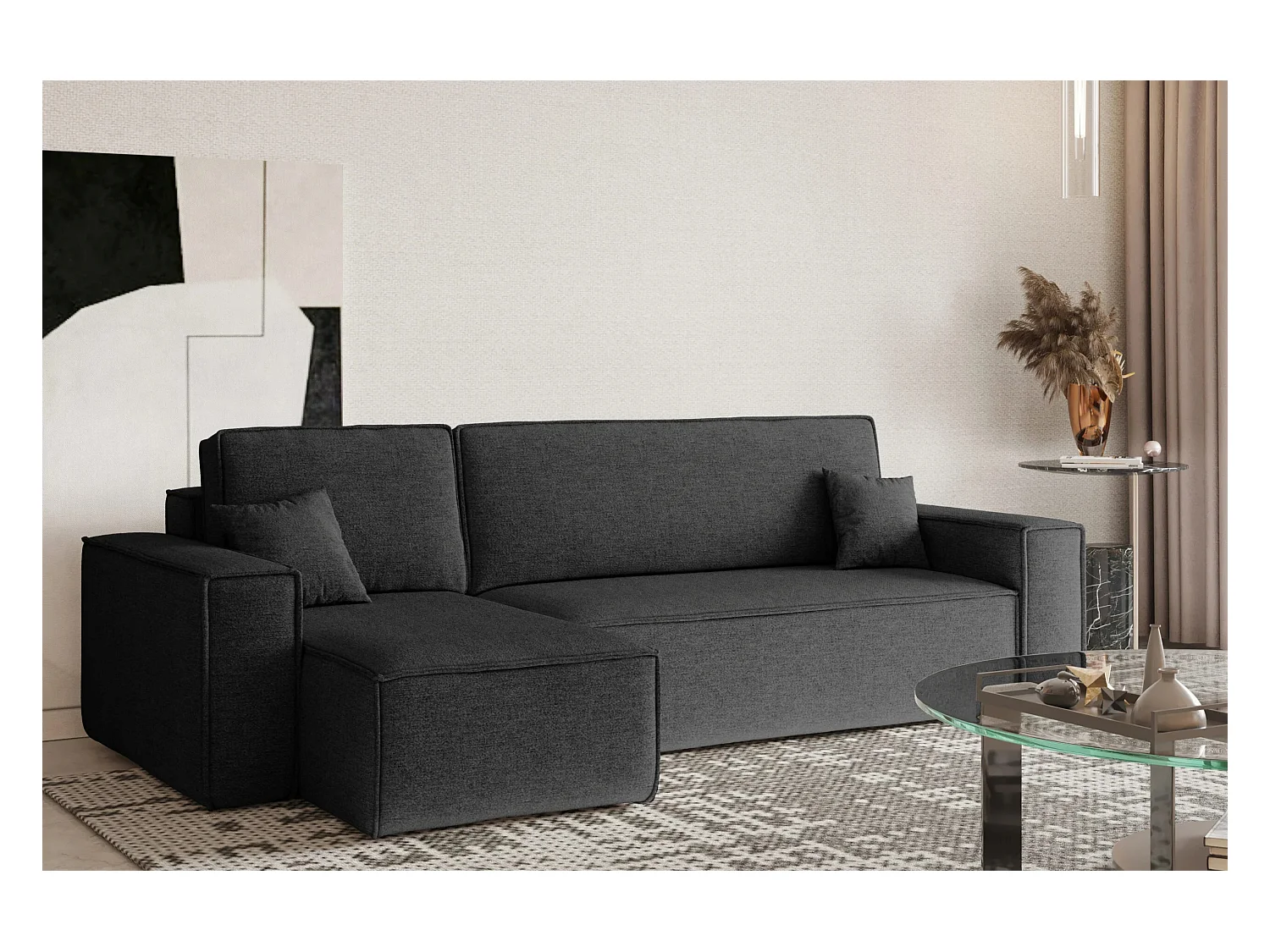 Canapé d'angle Best en L avec fonction couchage et coffre de lit, tissu Neve, gris foncé, gauche