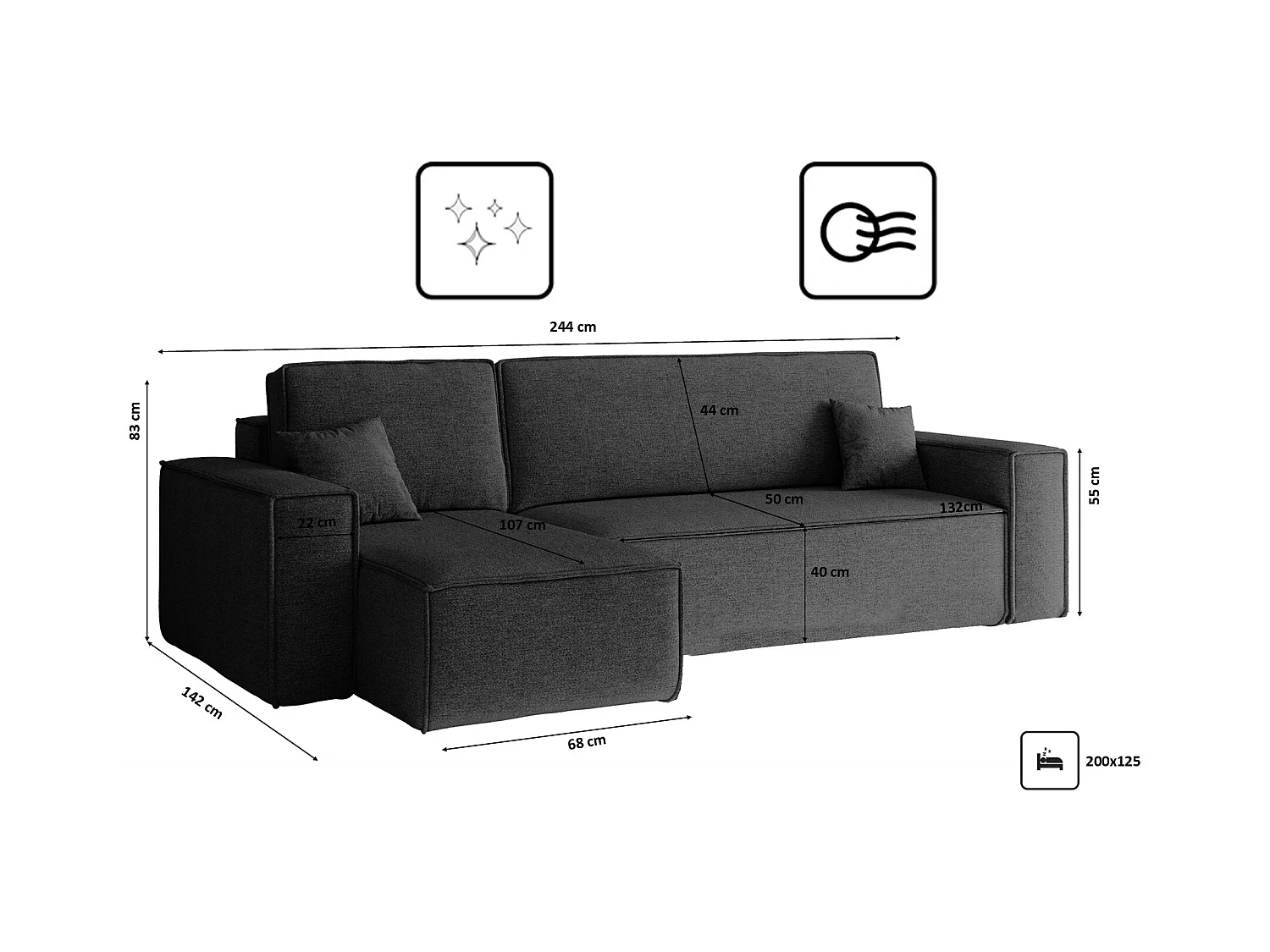 Canapé d'angle Best en L avec fonction couchage et coffre de lit, tissu Neve, gris foncé, gauche