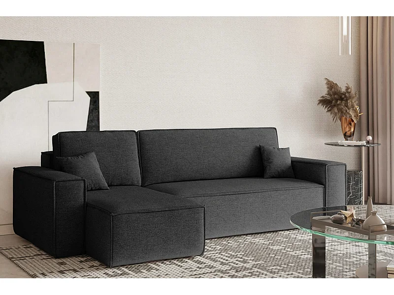 Canapé d'angle Best en L avec fonction couchage et coffre de lit, tissu Neve, gris foncé, gauche