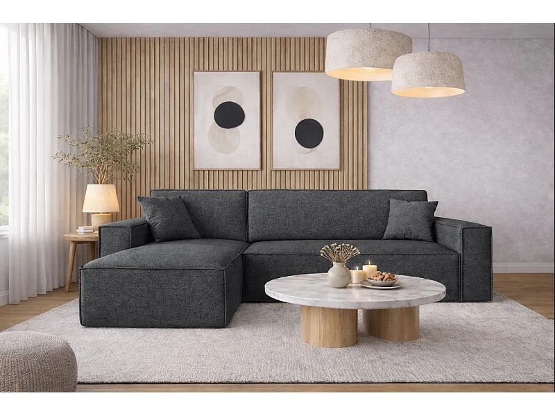 Canapé d'angle Best en L avec fonction couchage et coffre de lit, tissu Neve, gris foncé, gauche