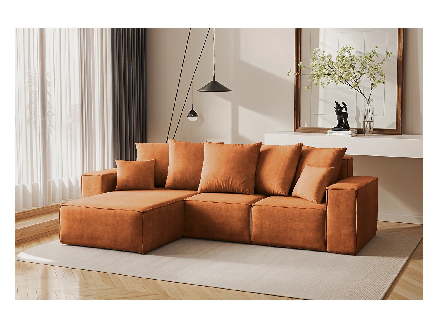 Canapé d'angle en L, collection premium ELLA, tissu Noel, orange, gauche