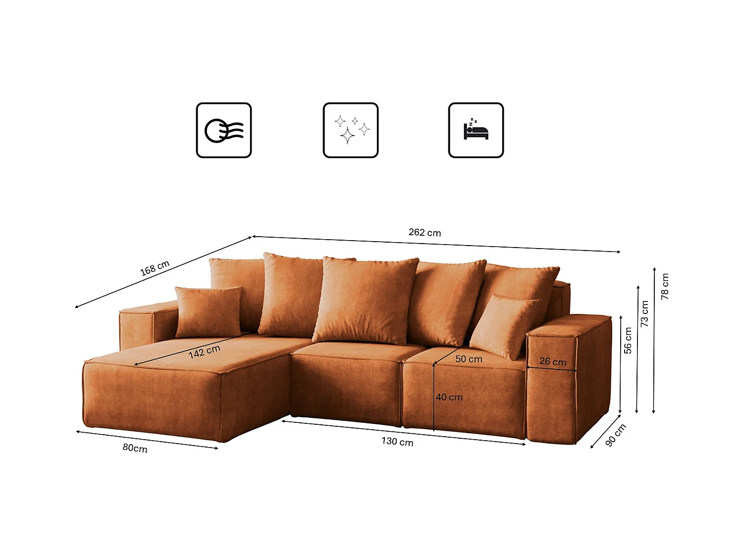 Canapé d'angle en L, collection premium ELLA, tissu Noel, orange, gauche