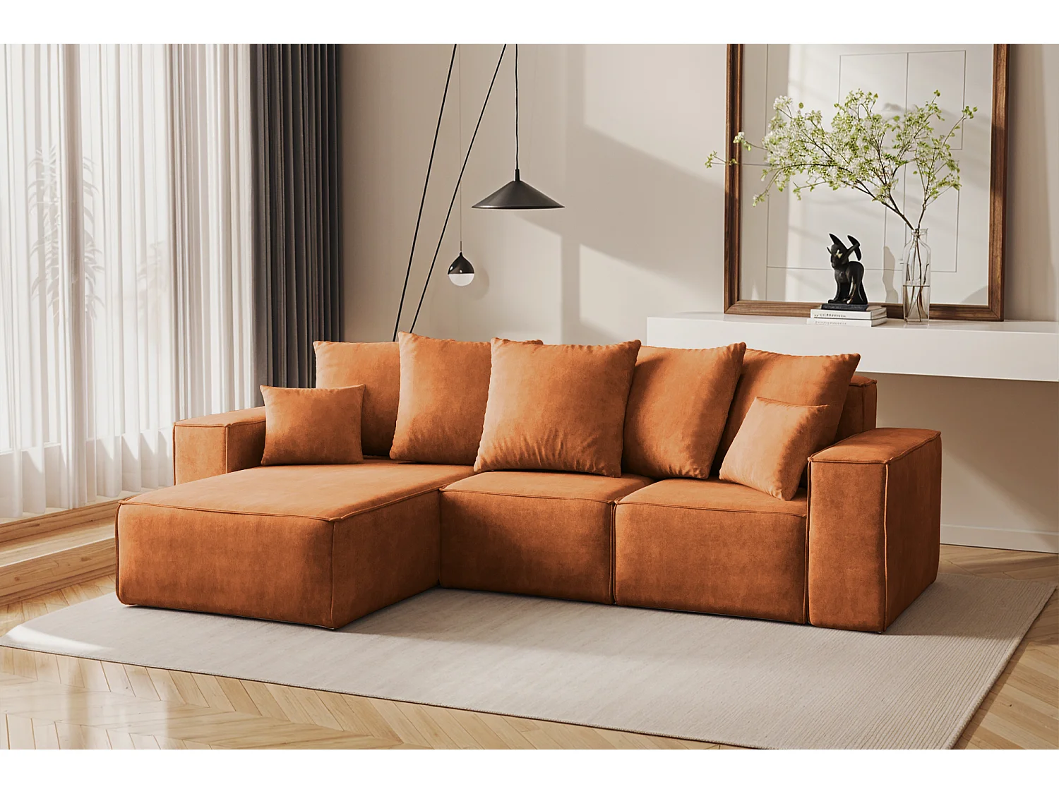 Canapé d'angle en L, collection premium ELLA, tissu Noel, orange, gauche