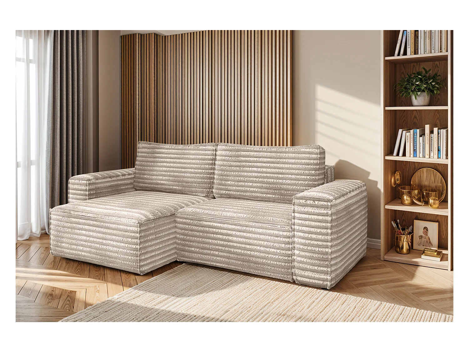 L-förmiges Bohoo-Ecksofa mit Schlaffunktion, Stoff Velo, Beige, Links