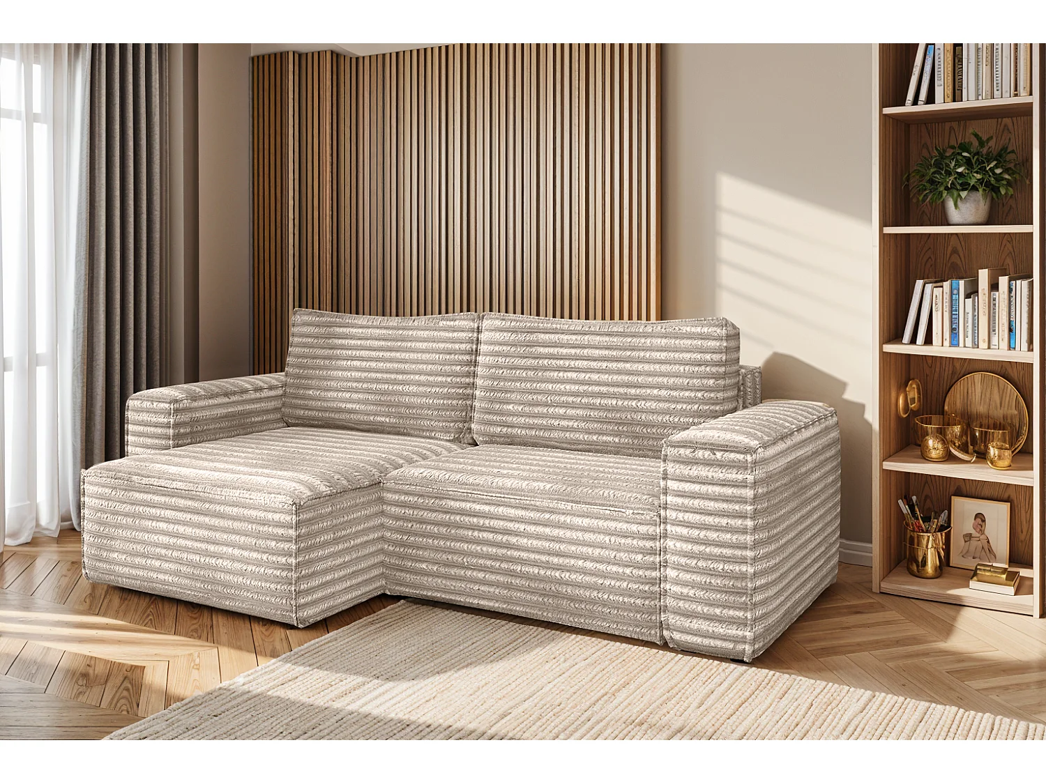 L-förmiges Bohoo-Ecksofa mit Schlaffunktion, Stoff Velo, Beige, Links