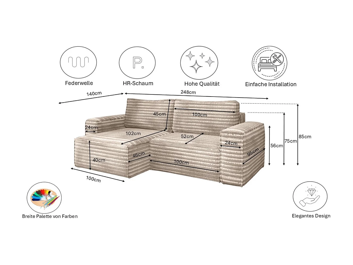 L-förmiges Bohoo-Ecksofa mit Schlaffunktion, Stoff Velo, Beige, Links