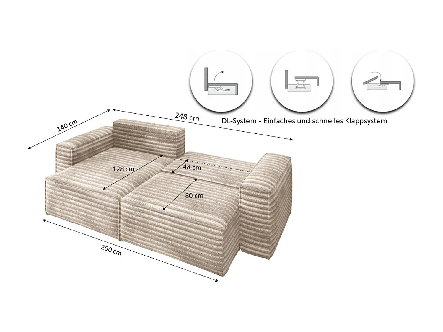 L-förmiges Bohoo-Ecksofa mit Schlaffunktion, Stoff Velo, Beige, Links