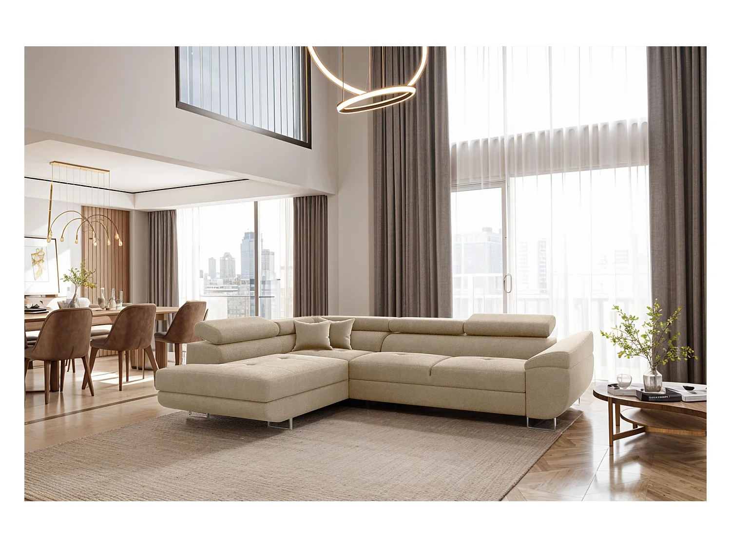 Canapé d'angle en L FALIO avec fonction couchage, tissu Noel, beige clair, gauche