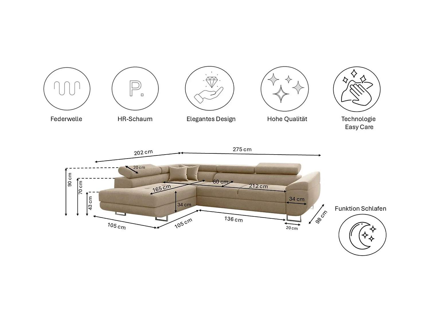 Canapé d'angle en L FALIO avec fonction couchage, tissu Noel, beige clair, gauche