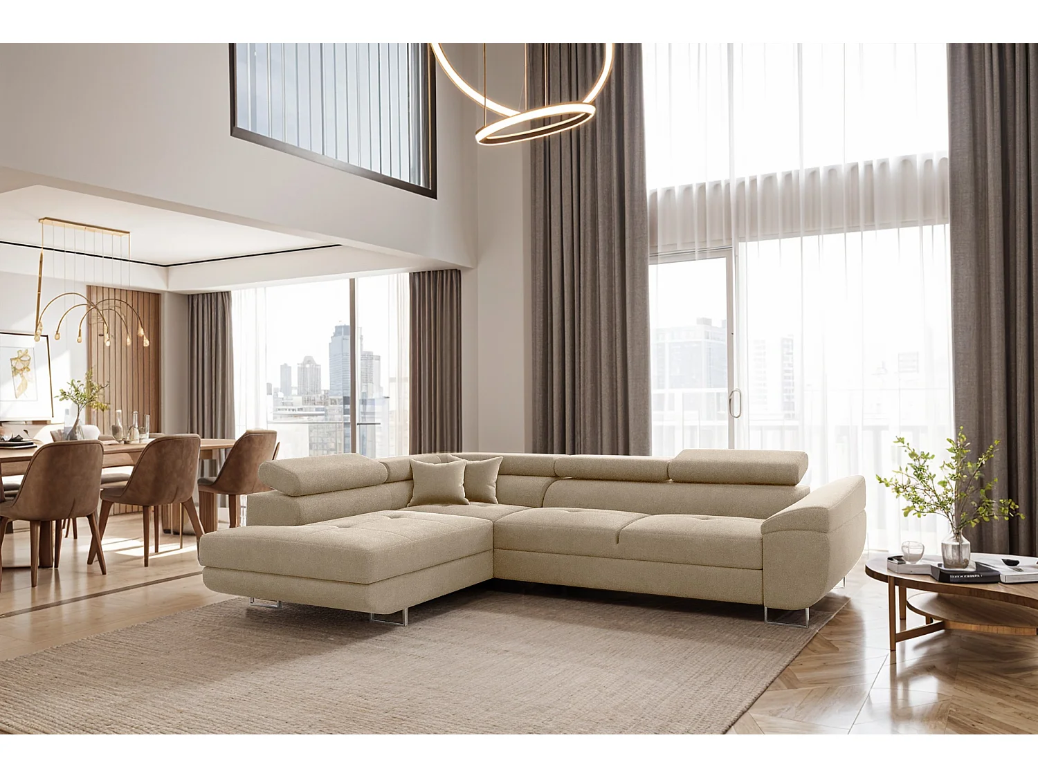 Canapé d'angle en L FALIO avec fonction couchage, tissu Noel, beige clair, gauche