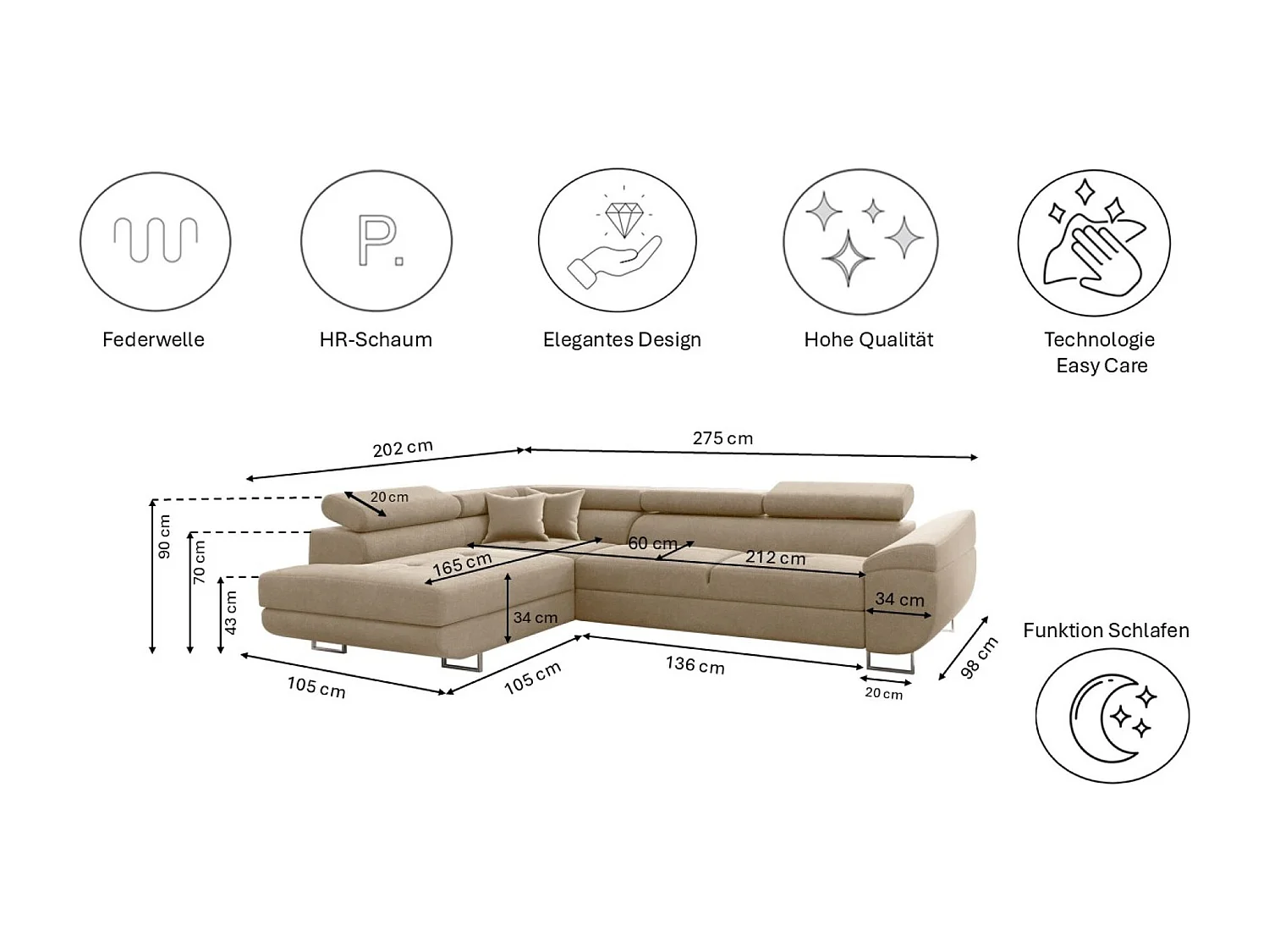 Canapé d'angle en L FALIO avec fonction couchage, tissu Noel, beige clair, gauche