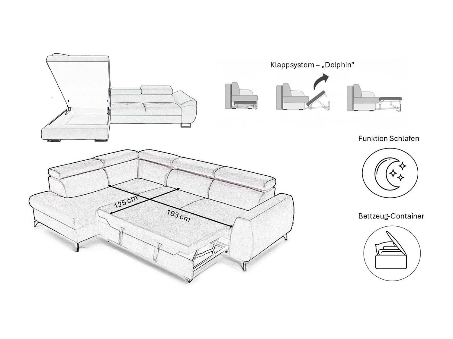 Canapé d'angle en L FALIO avec fonction couchage, tissu Noel, beige clair, gauche