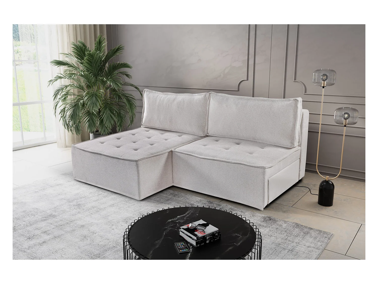 Canapé d'angle Bohoo Mini avec fonction couchage, tissu Raven, beige clair, gauche