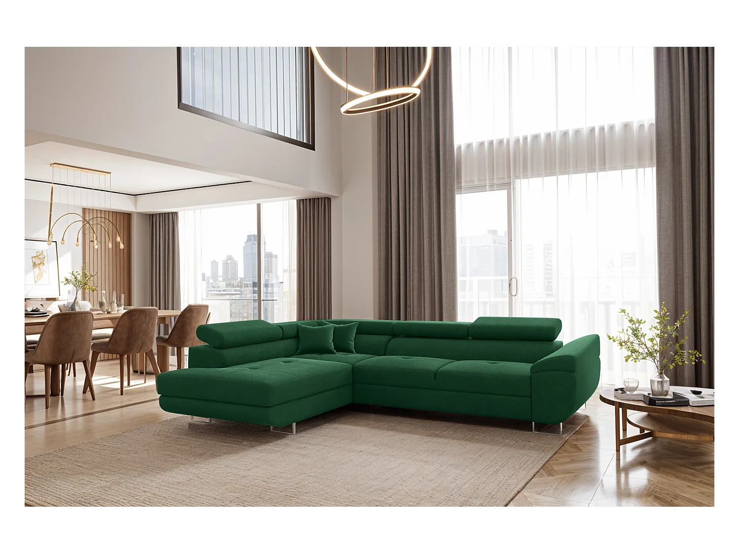 Canapé d'angle en L FALIO avec fonction couchage, tissu Noel, vert foncé, gauche