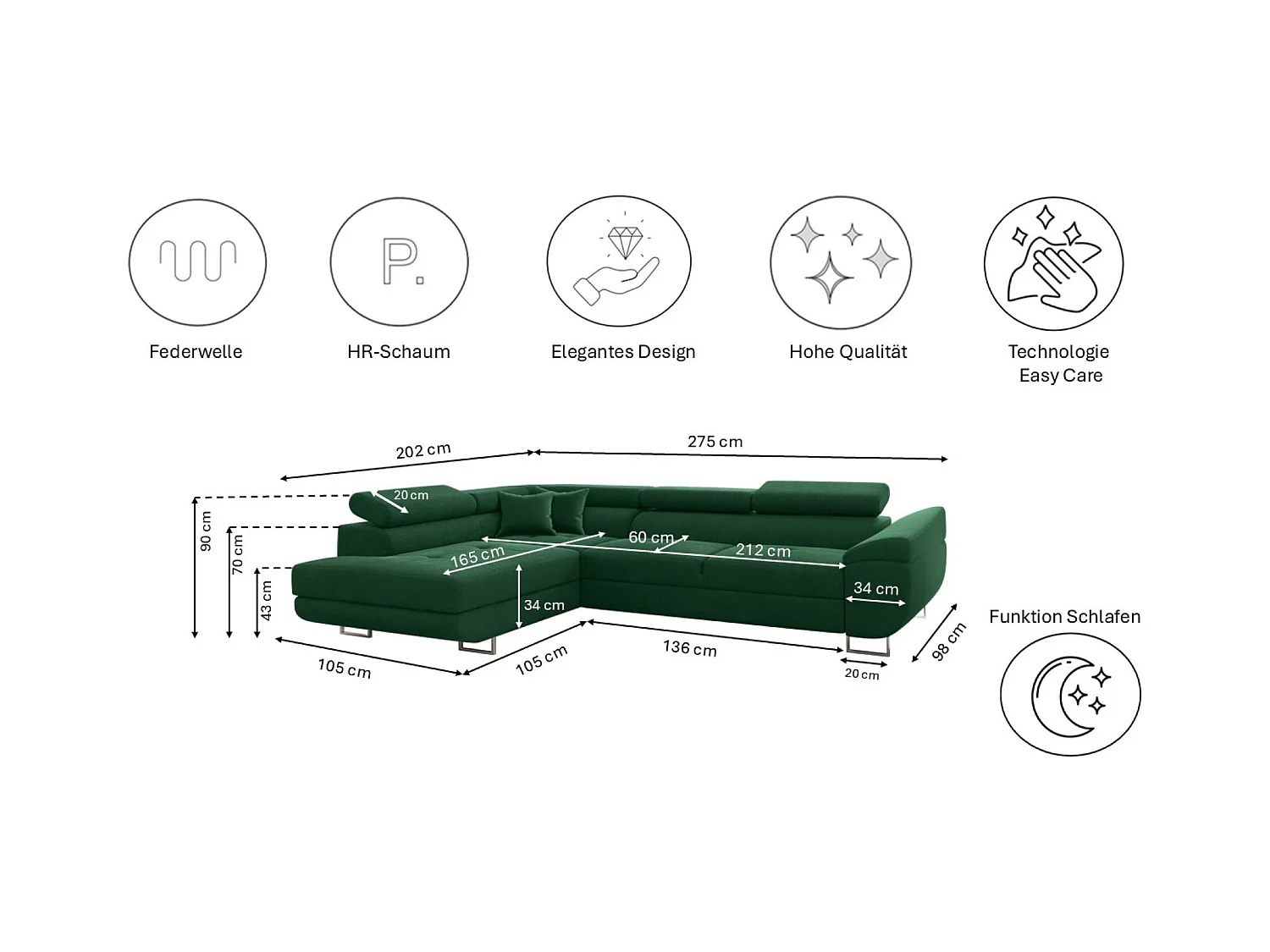 Canapé d'angle en L FALIO avec fonction couchage, tissu Noel, vert foncé, gauche