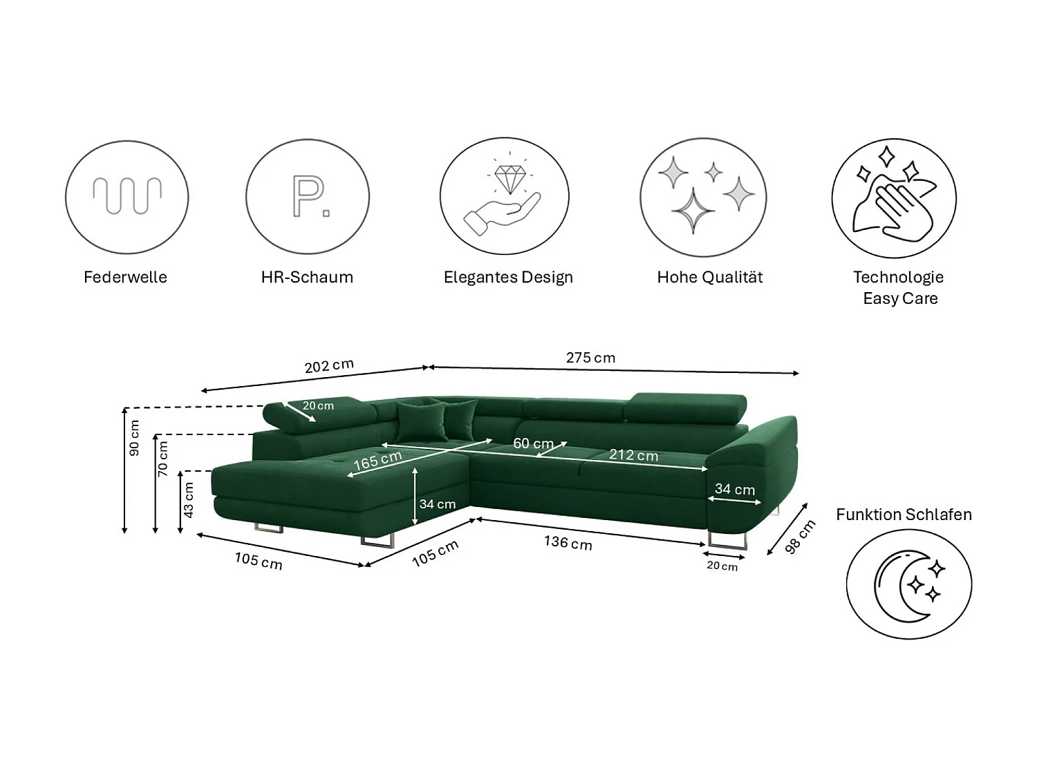 Canapé d'angle en L FALIO avec fonction couchage, tissu Noel, vert foncé, gauche