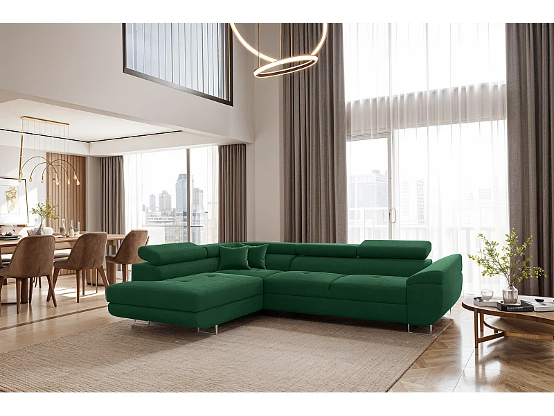 Canapé d'angle en L FALIO avec fonction couchage, tissu Noel, vert foncé, gauche