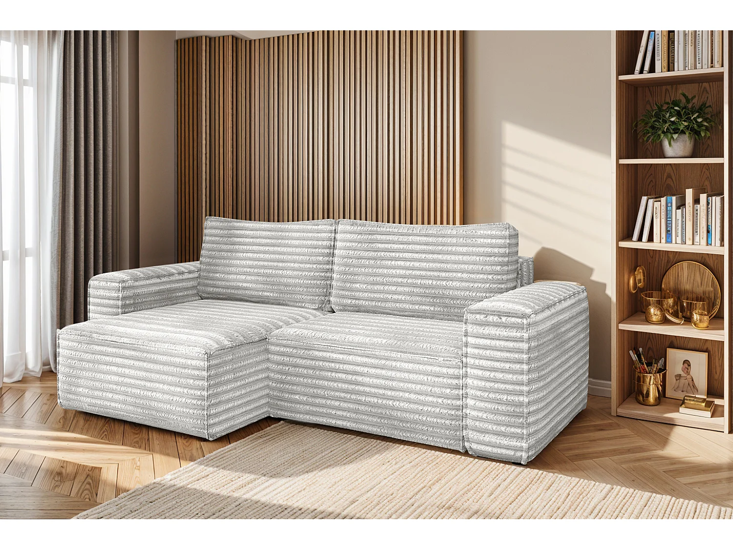 L-förmiges Bohoo-Ecksofa mit Schlaffunktion, Stoff Velo, Hellgrau, Links