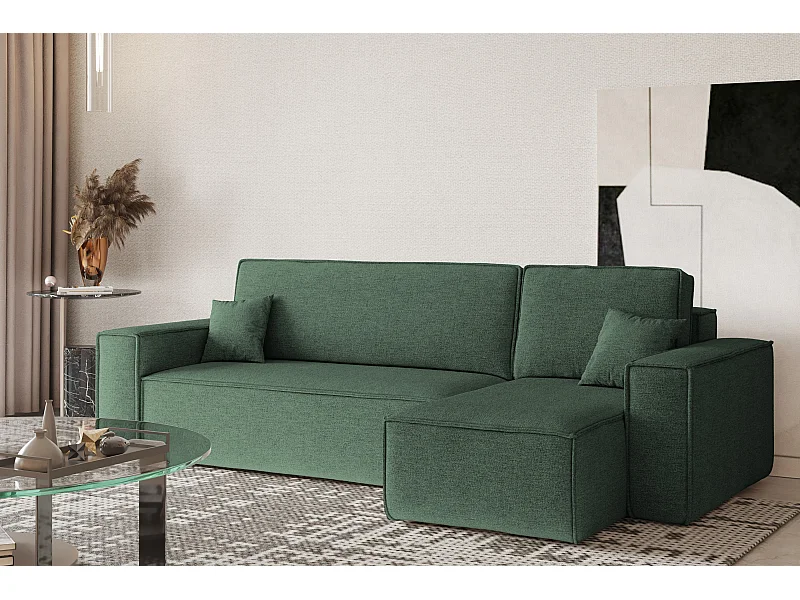 Divano angolare, Best L-shape con funzione letto e contenitore, tessuto Neve, verde, a destra