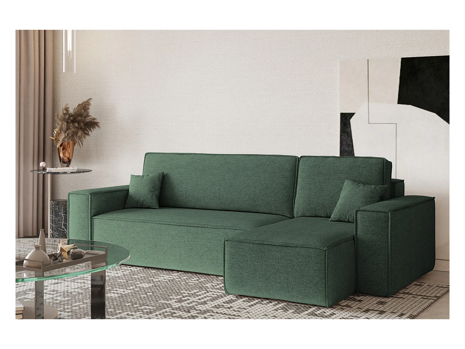 Canapé d'angle Best en L avec fonction couchage et coffre de lit, tissu Neve, vert, droit