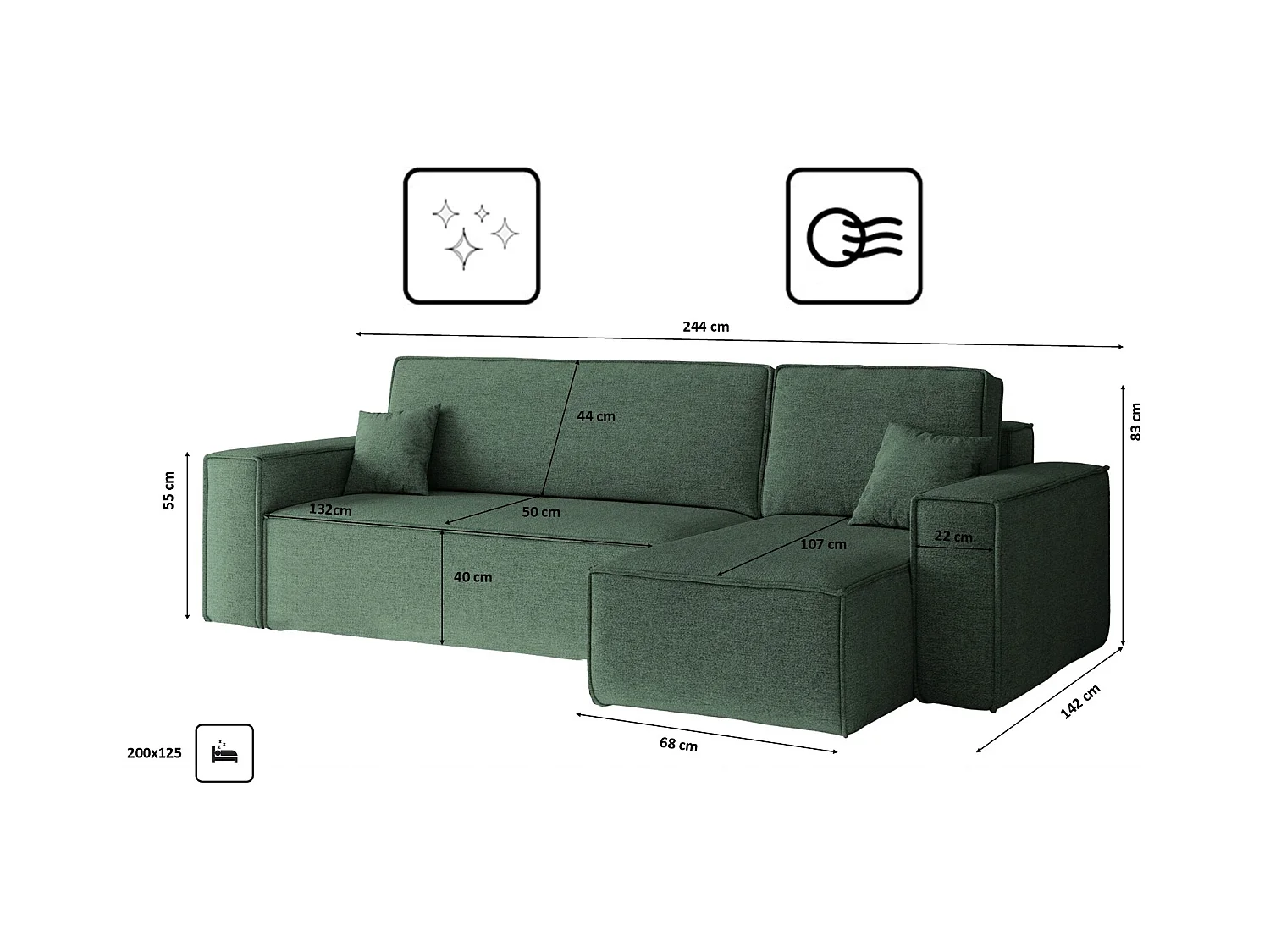 Canapé d'angle Best en L avec fonction couchage et coffre de lit, tissu Neve, vert, droit