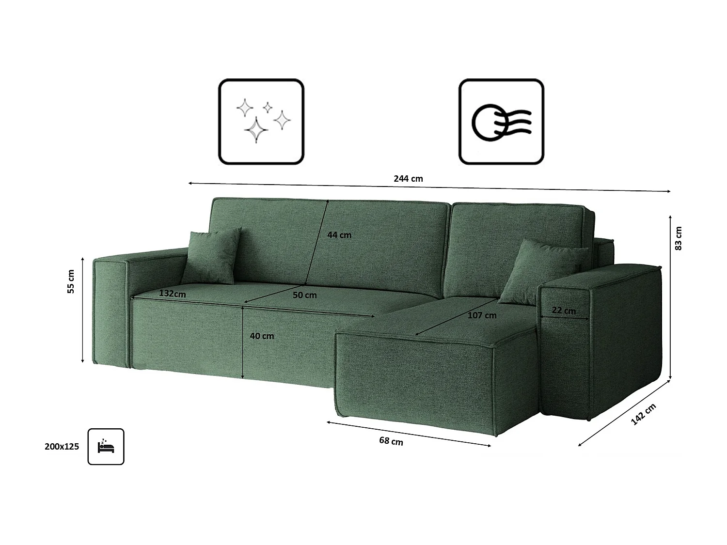Canapé d'angle Best en L avec fonction couchage et coffre de lit, tissu Neve, vert, droit