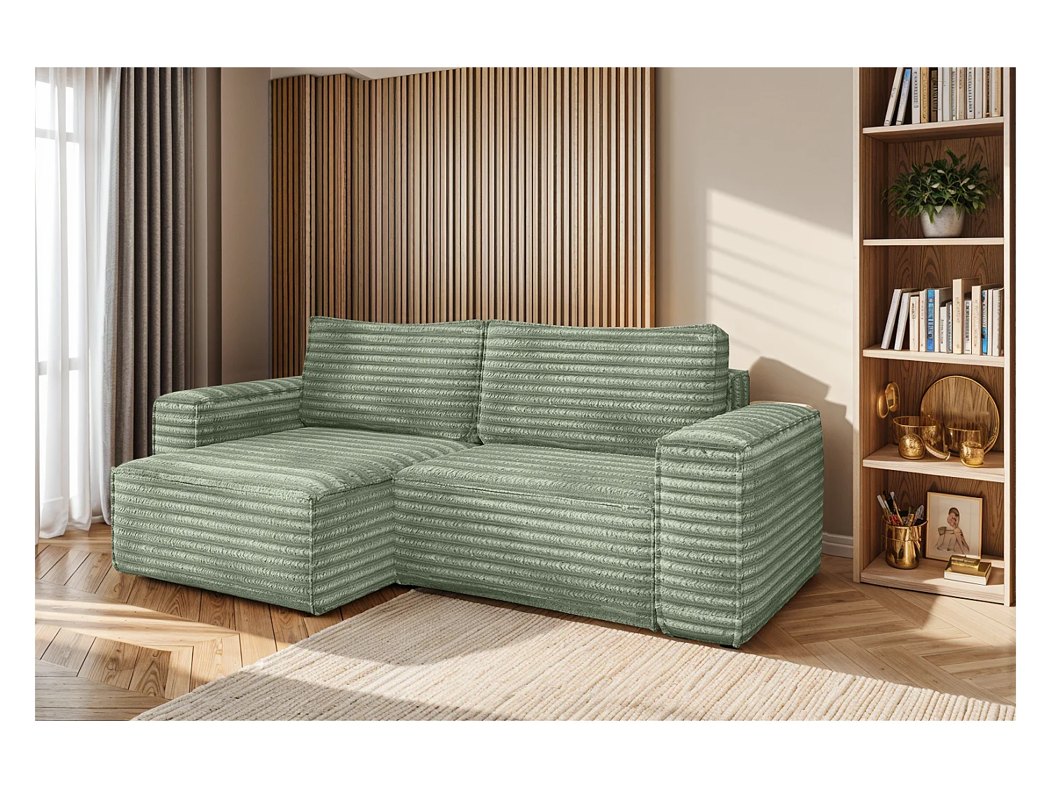 L-förmiges Bohoo-Ecksofa mit Schlaffunktion, Stoff Velo, Olive, Links