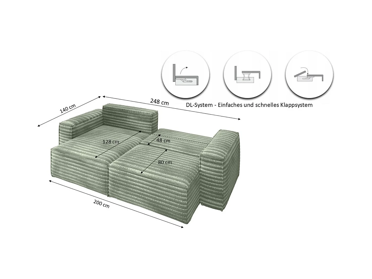 L-förmiges Bohoo-Ecksofa mit Schlaffunktion, Stoff Velo, Olive, Links