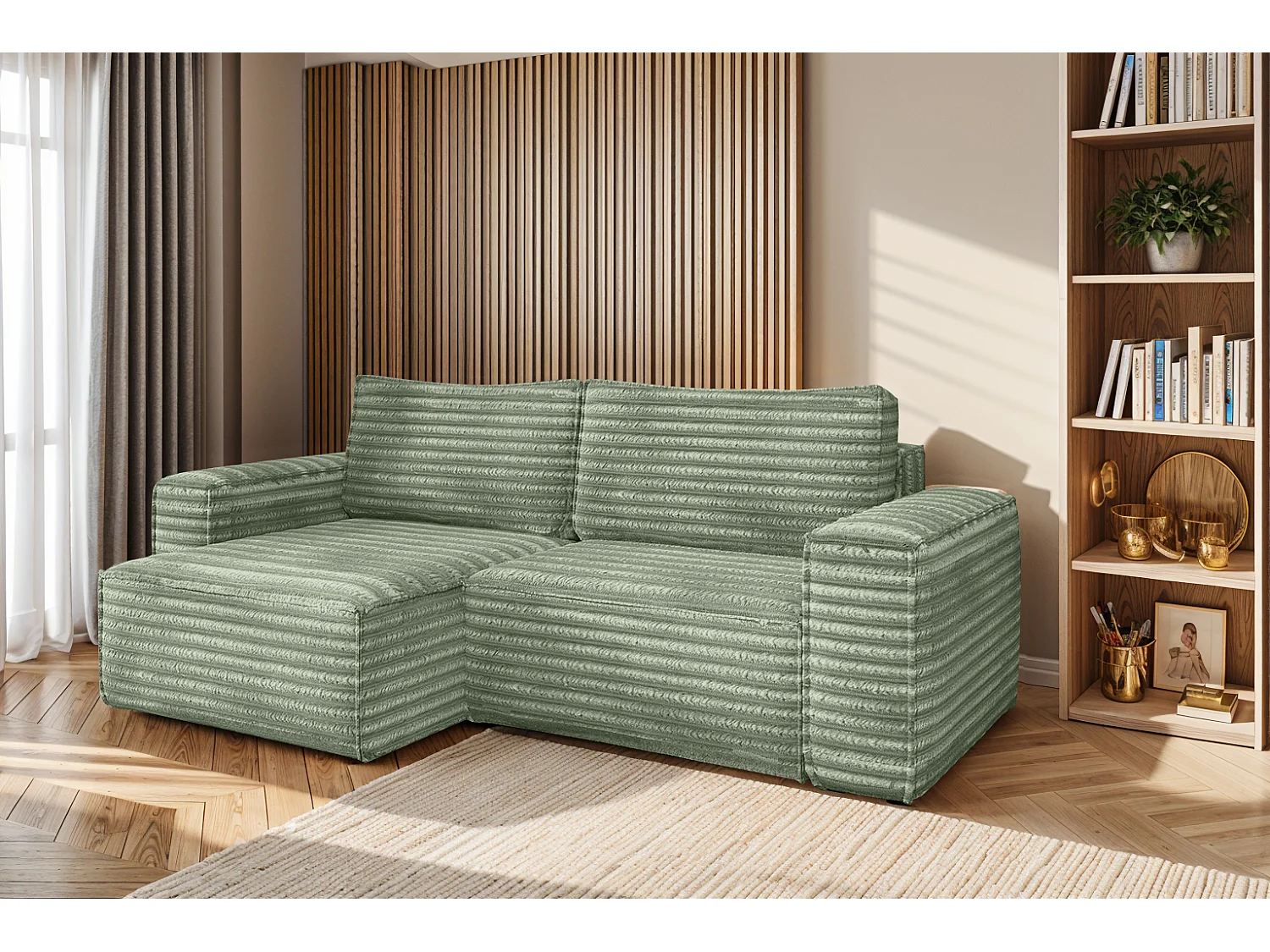 L-förmiges Bohoo-Ecksofa mit Schlaffunktion, Stoff Velo, Olive, Links