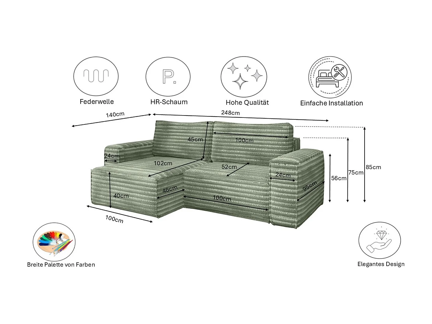 L-förmiges Bohoo-Ecksofa mit Schlaffunktion, Stoff Velo, Olive, Links
