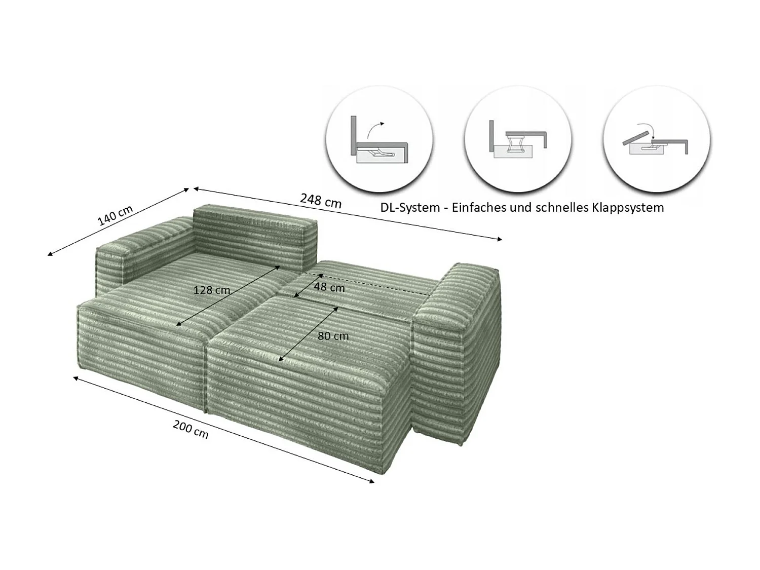 L-förmiges Bohoo-Ecksofa mit Schlaffunktion, Stoff Velo, Olive, Links