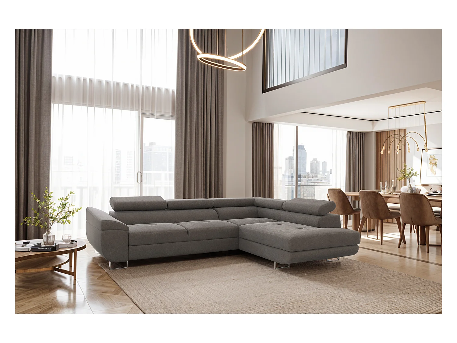 Divano angolare FALIO a L con funzione letto, tessuto Noel, grigio, destra