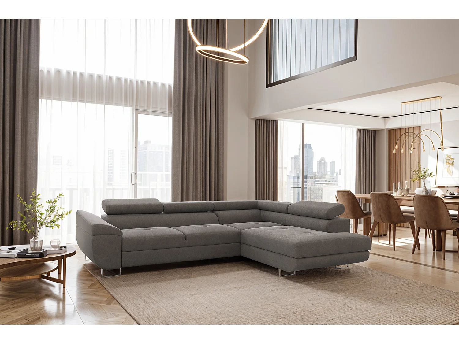 Divano angolare FALIO a L con funzione letto, tessuto Noel, grigio, destra