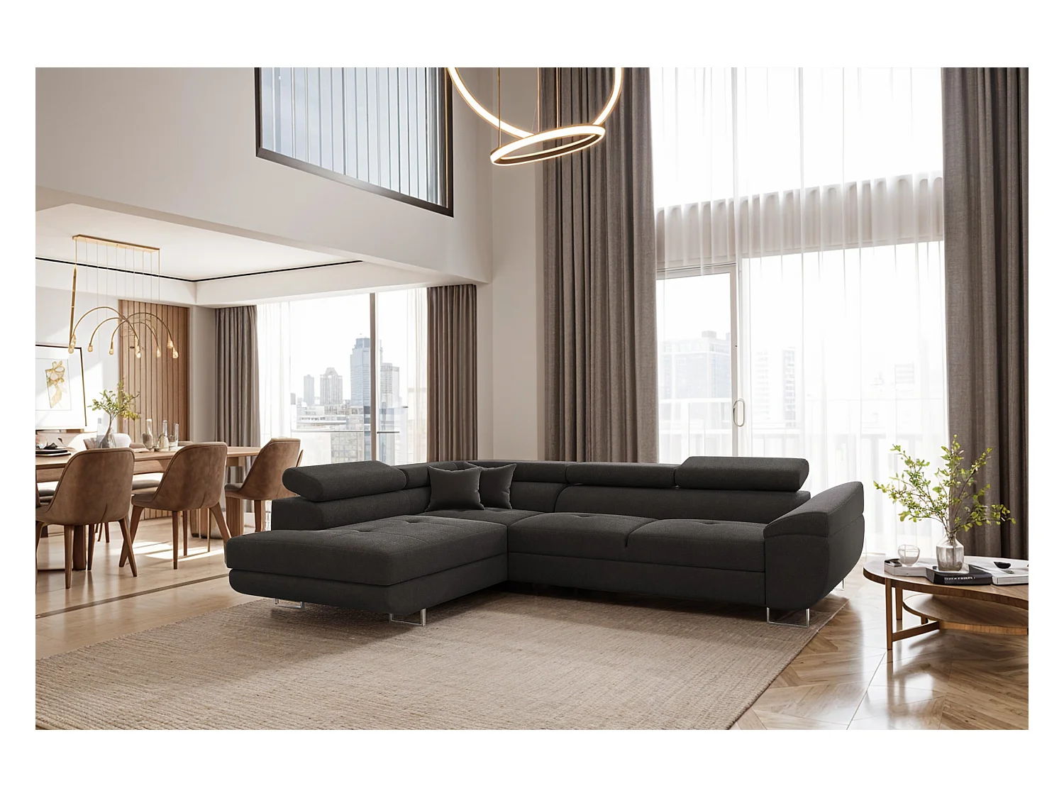 Canapé d'angle en L FALIO avec fonction couchage, tissu Noel, graphite, gauche