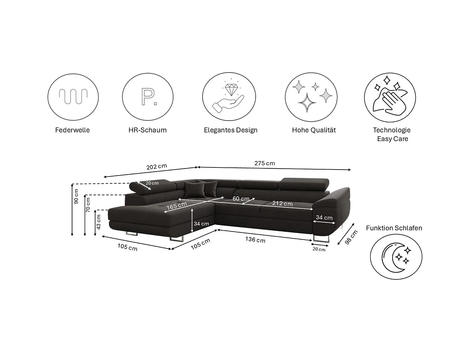 Canapé d'angle en L FALIO avec fonction couchage, tissu Noel, graphite, gauche