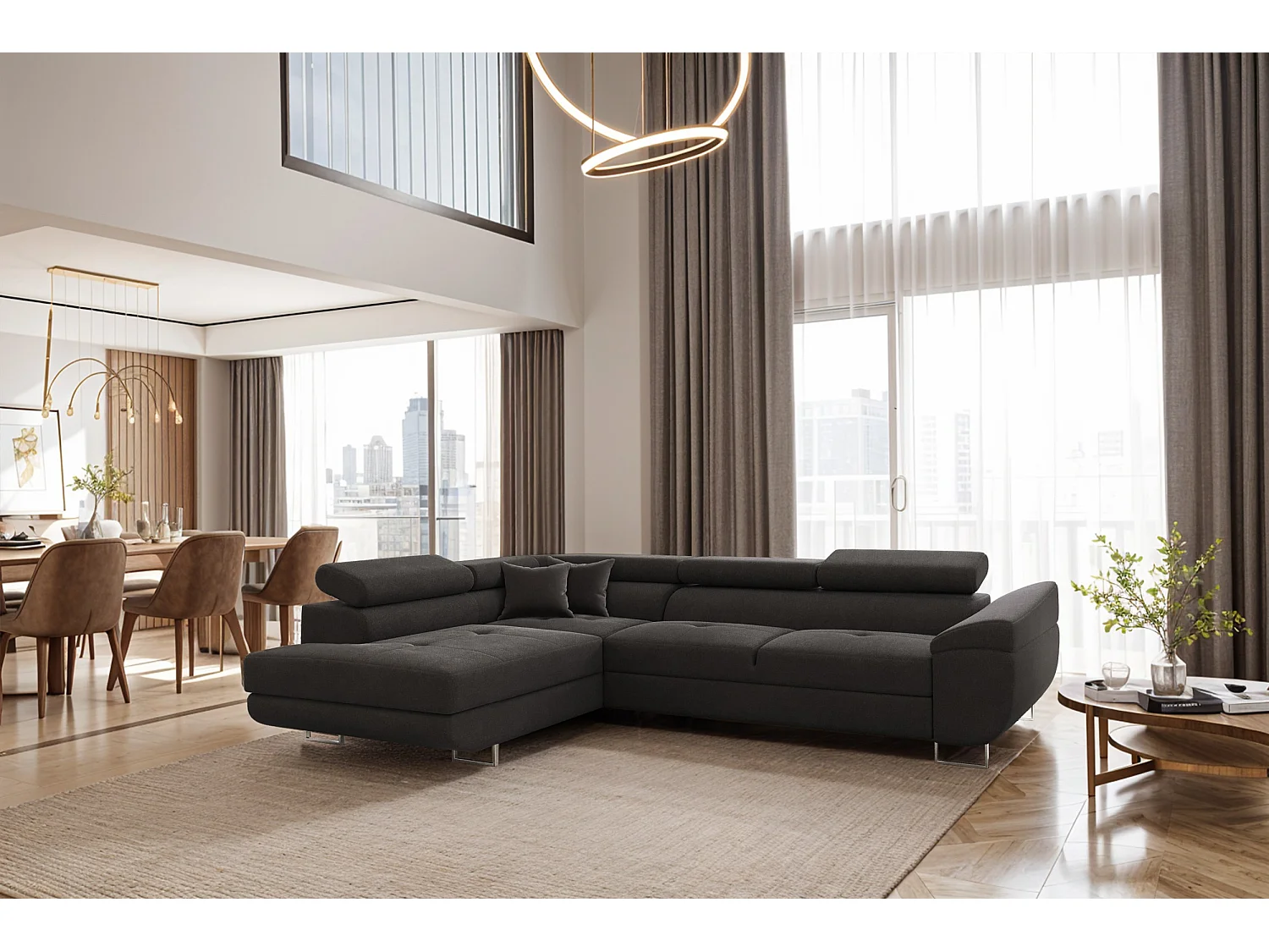 Divano angolare FALIO a L con funzione letto, tessuto Noel, grafite, sinistro