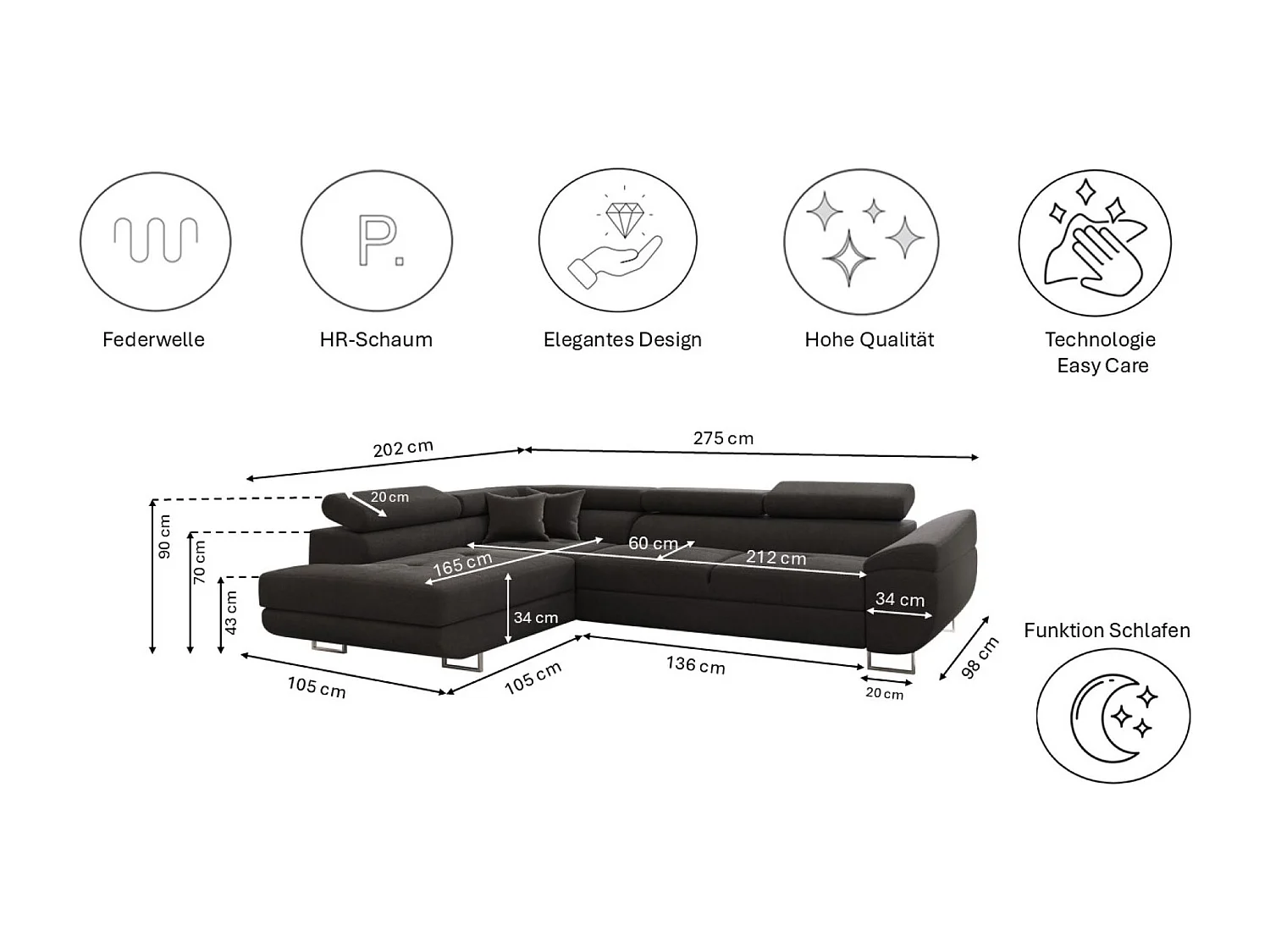 Divano angolare FALIO a L con funzione letto, tessuto Noel, grafite, sinistro