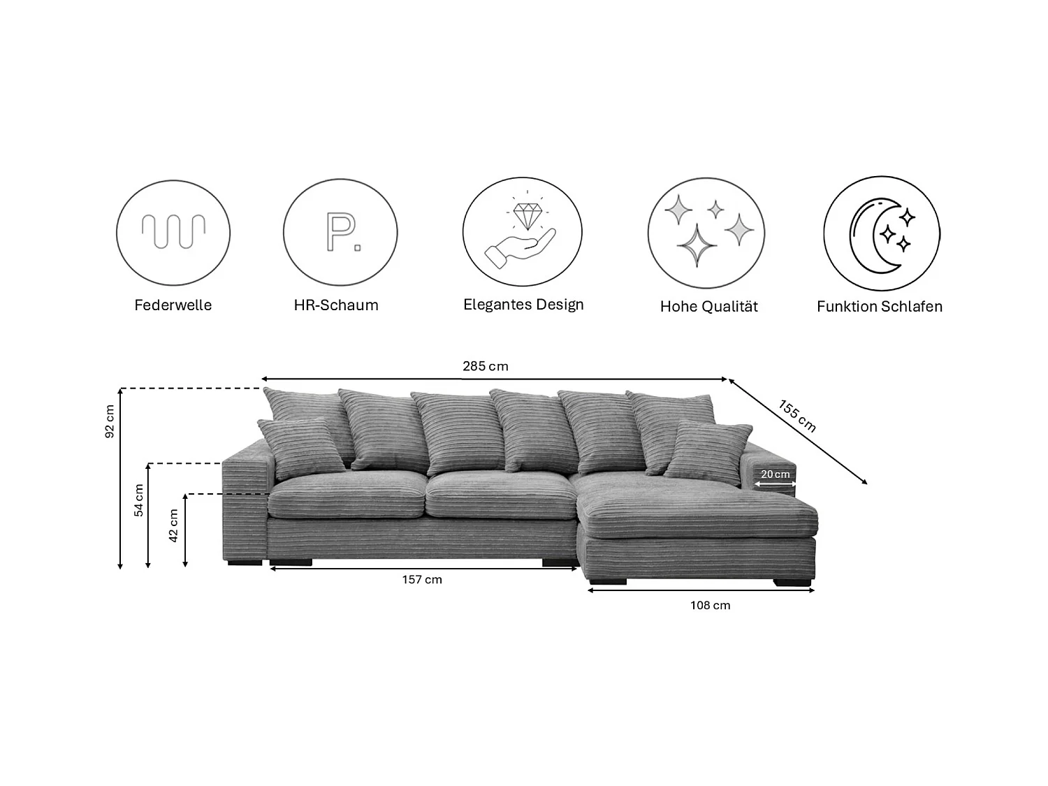 Canapé d'angle avec fonction couchage et coffre de lit, Canapé forme L, Canapé forme L tissu Gabon Zoom Gris Droite