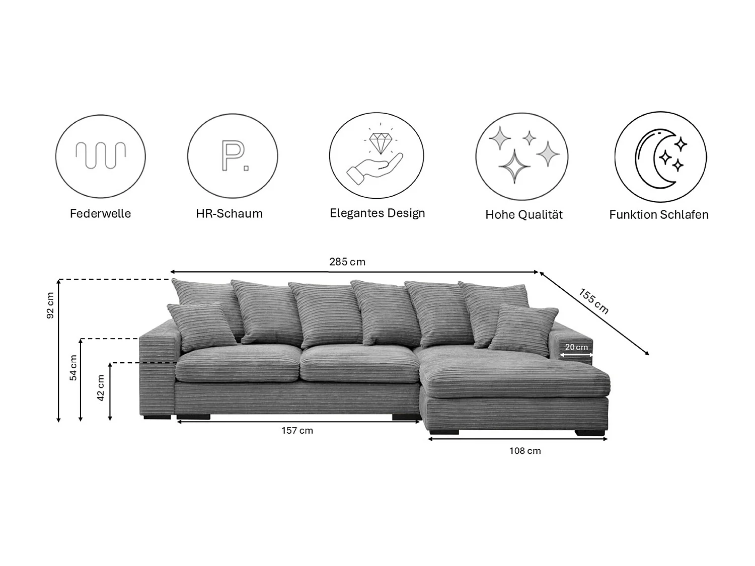 Canapé d'angle avec fonction couchage et coffre de lit, Canapé forme L, Canapé forme L tissu Gabon Zoom Gris Droite