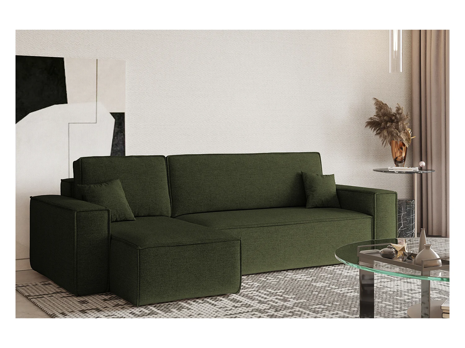 Canapé d'angle Best en L avec fonction couchage et coffre de lit, tissu Neve, olive, gauche