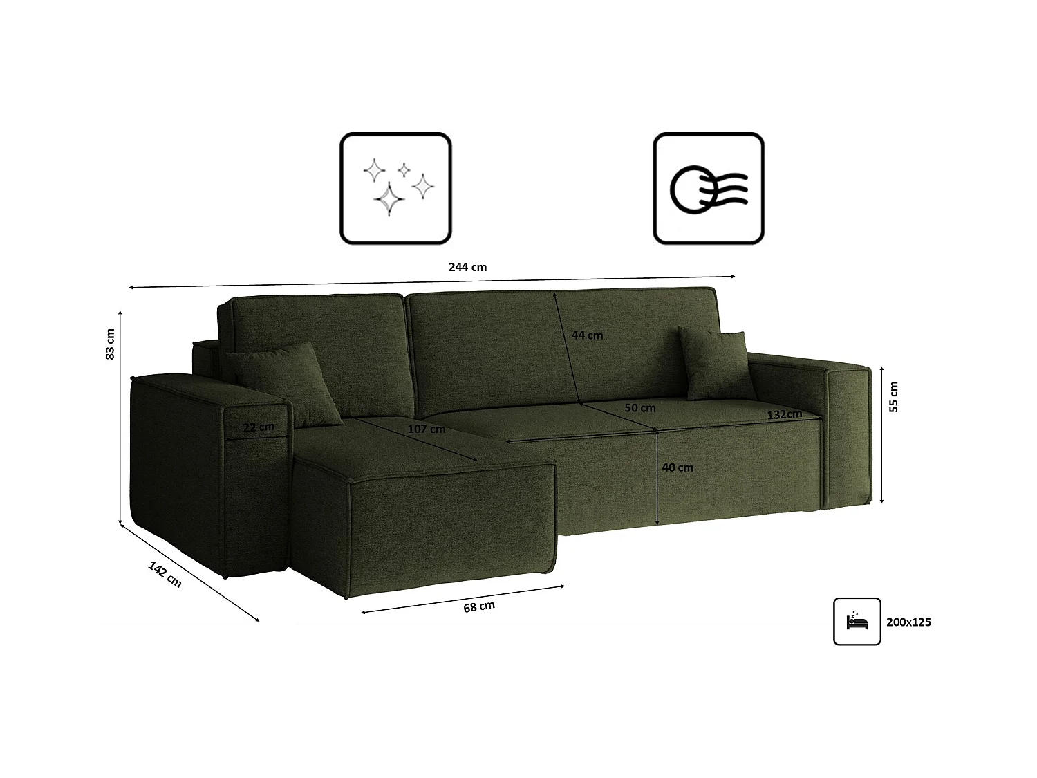 Canapé d'angle Best en L avec fonction couchage et coffre de lit, tissu Neve, olive, gauche