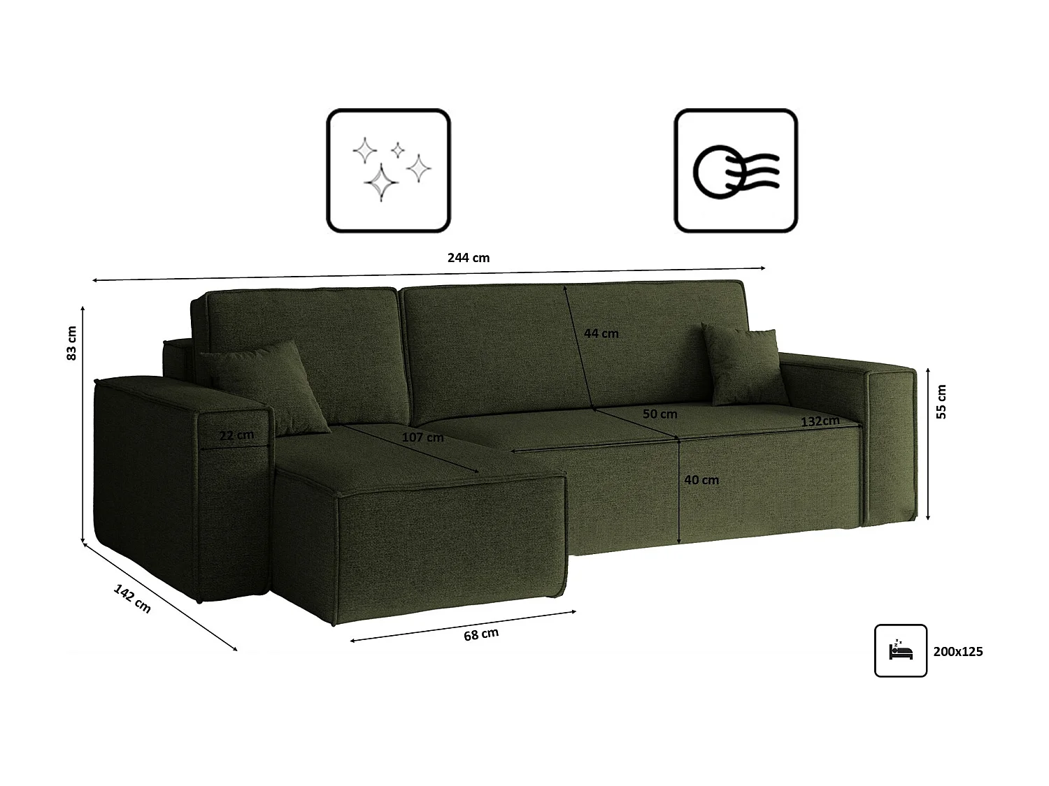 Canapé d'angle Best en L avec fonction couchage et coffre de lit, tissu Neve, olive, gauche
